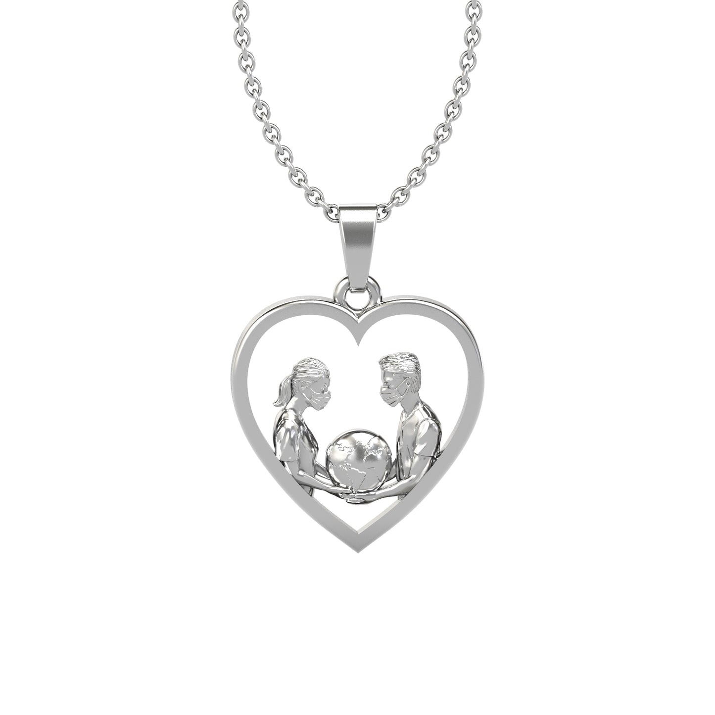 Sterling Silver Heart Masked Frontline Workers Supporting the World Pendant