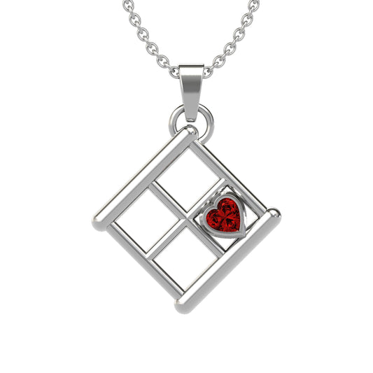 Sterling Silver Red Cubic Zirconia Heart in Window Frame Tribute Pendant