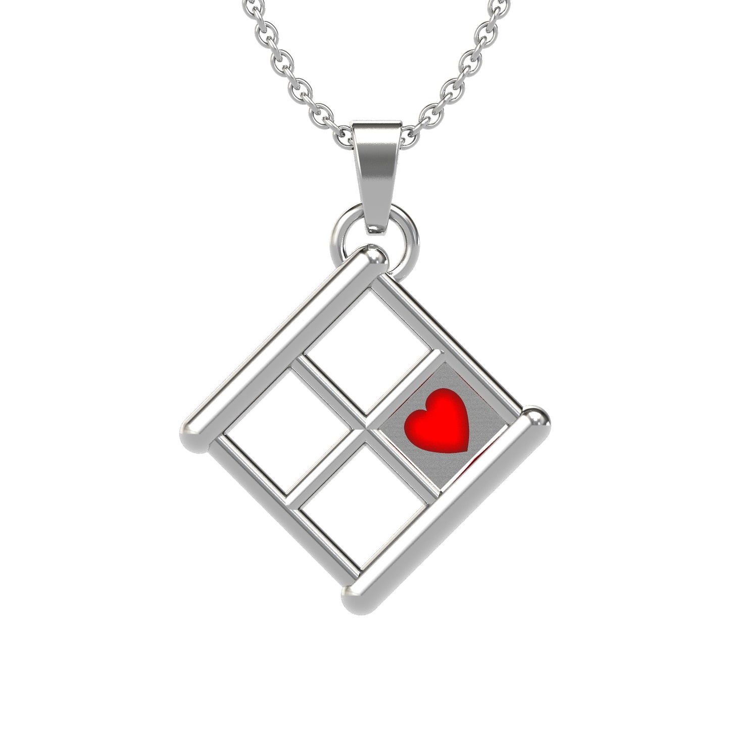 Sterling Silver Red Heart in Window Frame Tribute Pendant