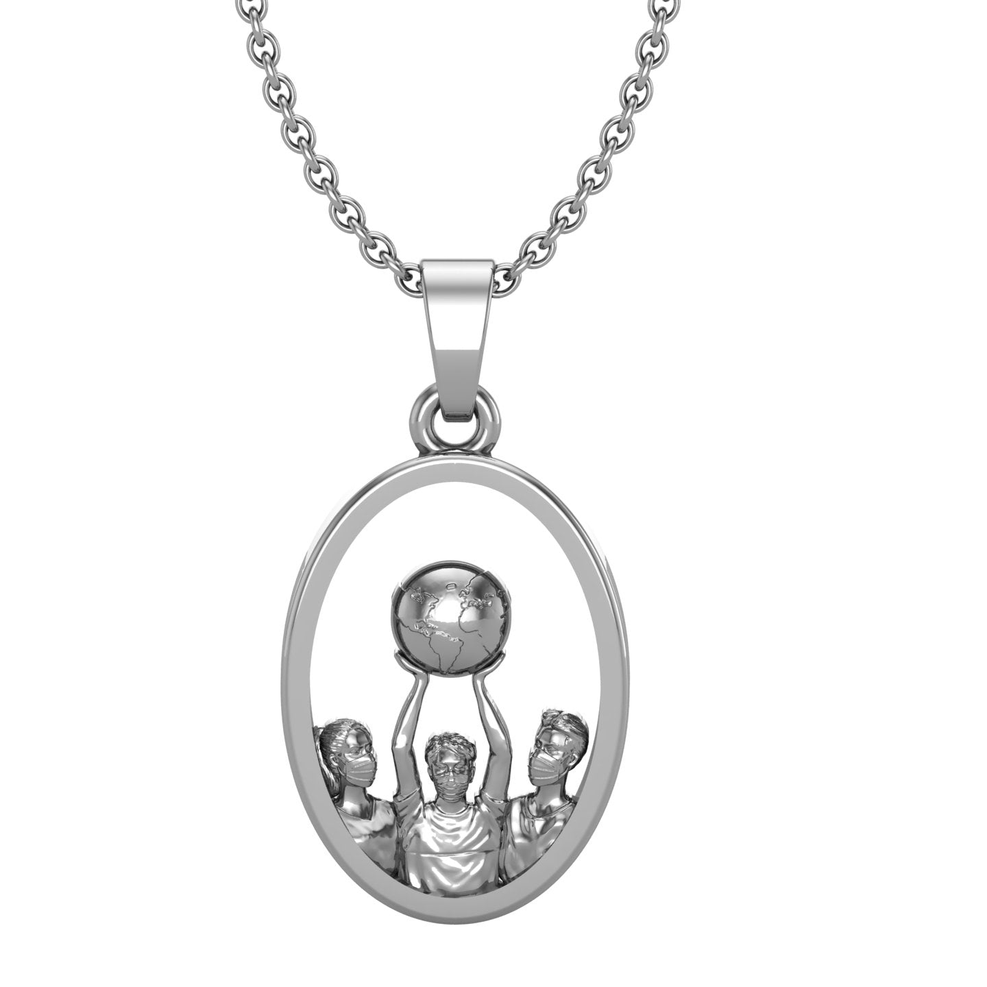 Masked Frontline Workers Supporting The Globe in an Open Oval Sterling Silver Pendant